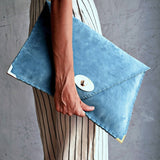 Large soft suede clutch in teal blue: Large with gold hardwareANA KOUTSIACCESS