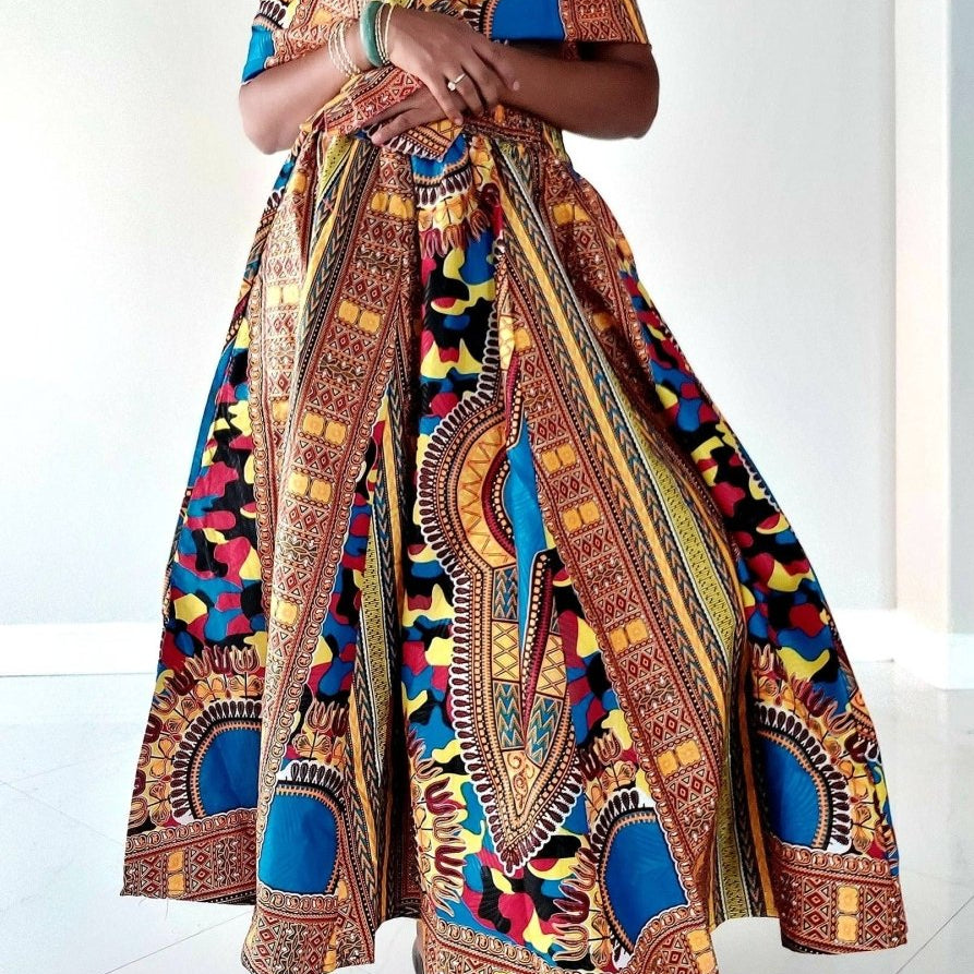 Maxi Hostess Dashiki Print Skirt: BlueIndia BatikSKIRT