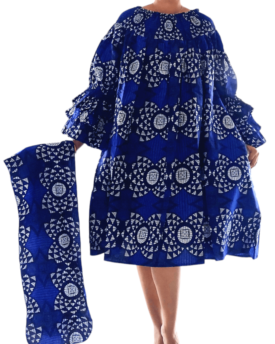 Off Shoulder Dress - Rich Blue and White Wax CottonIndia BatikDRESS