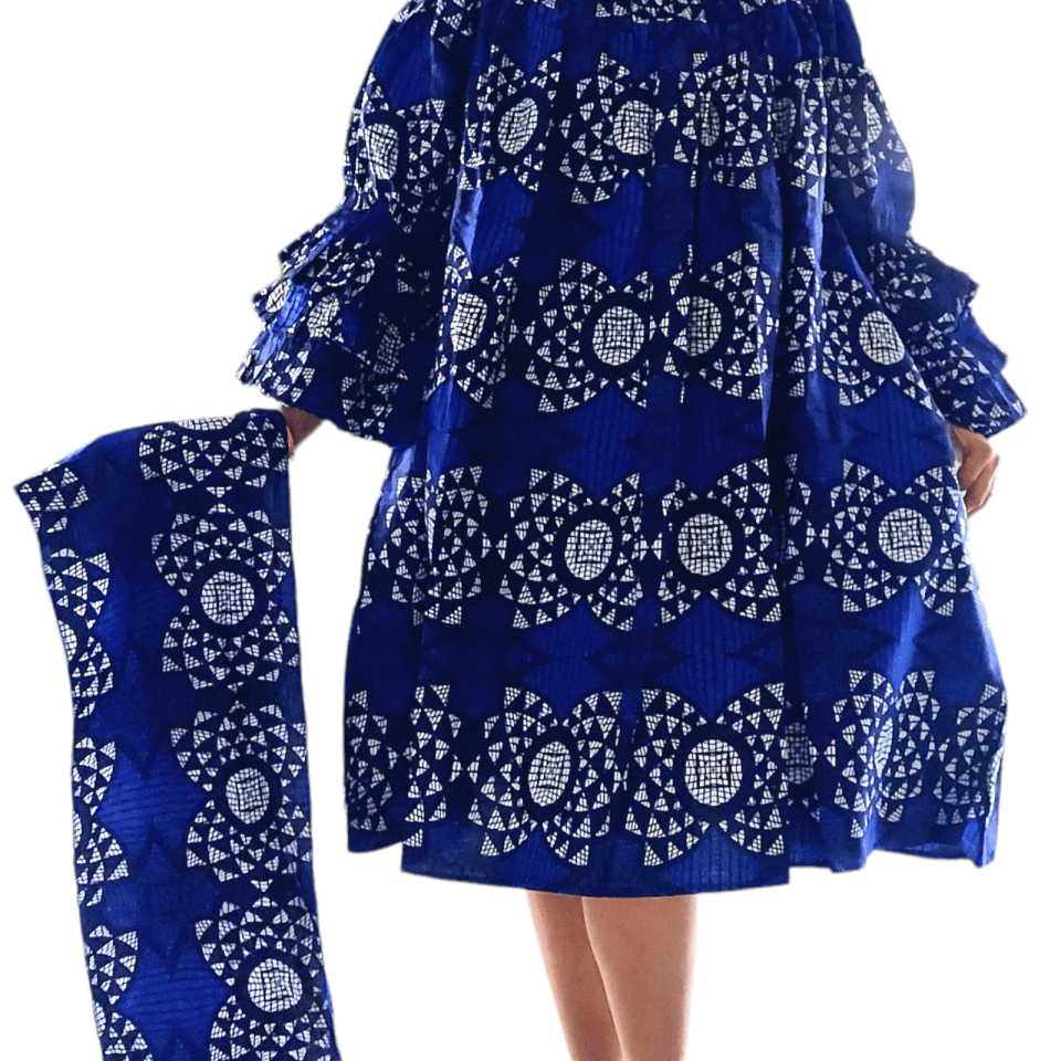 Off Shoulder Dress - Rich Blue and White Wax CottonIndia BatikDRESS