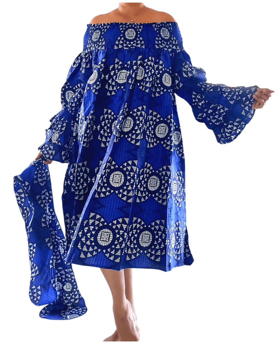 Off Shoulder Dress - Rich Blue and White Wax CottonIndia BatikDRESS