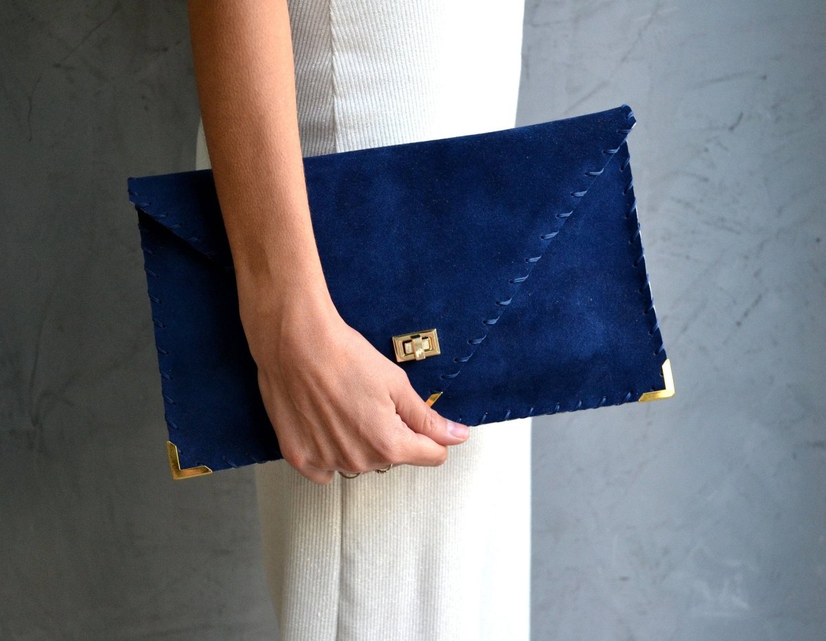 Royal Blue Suede Leather Clutch Purse, Blue Leather Bag, Leather Envelope Clutch, Blue Clutch Bag, Blue Leather Handbag, Leather Evening Bag: GoldANA KOUTSI