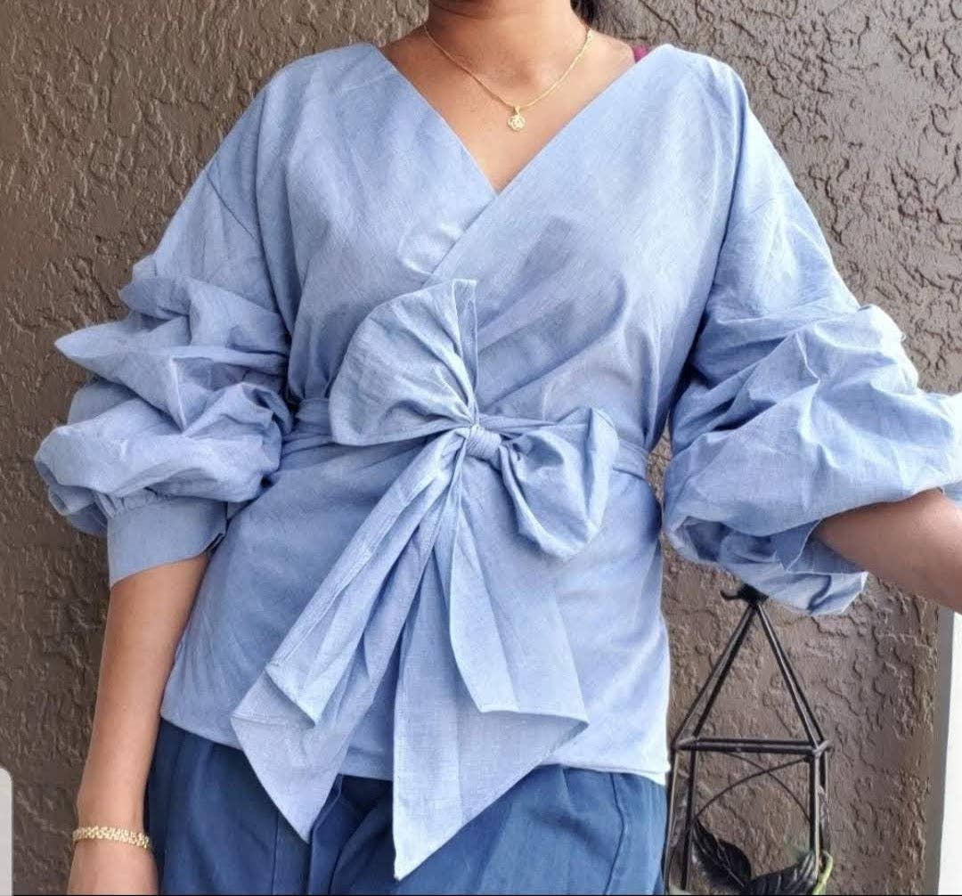 RUFFLED SLEEVE WRAP BLOUSE: Light blueIndia Batik