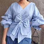 RUFFLED SLEEVE WRAP BLOUSE: Light blueIndia Batik