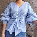 RUFFLED SLEEVE WRAP BLOUSE: Light blueIndia Batik