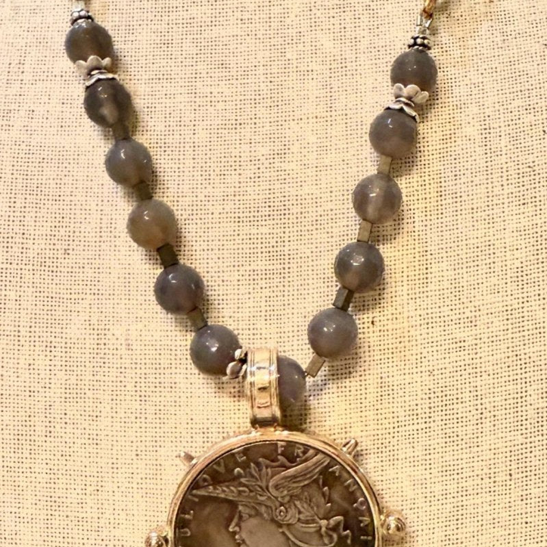 Silver Oval Chain With Gray Agate and Metal Coin Pendant #21Bella Smith DesignsNECKLACES