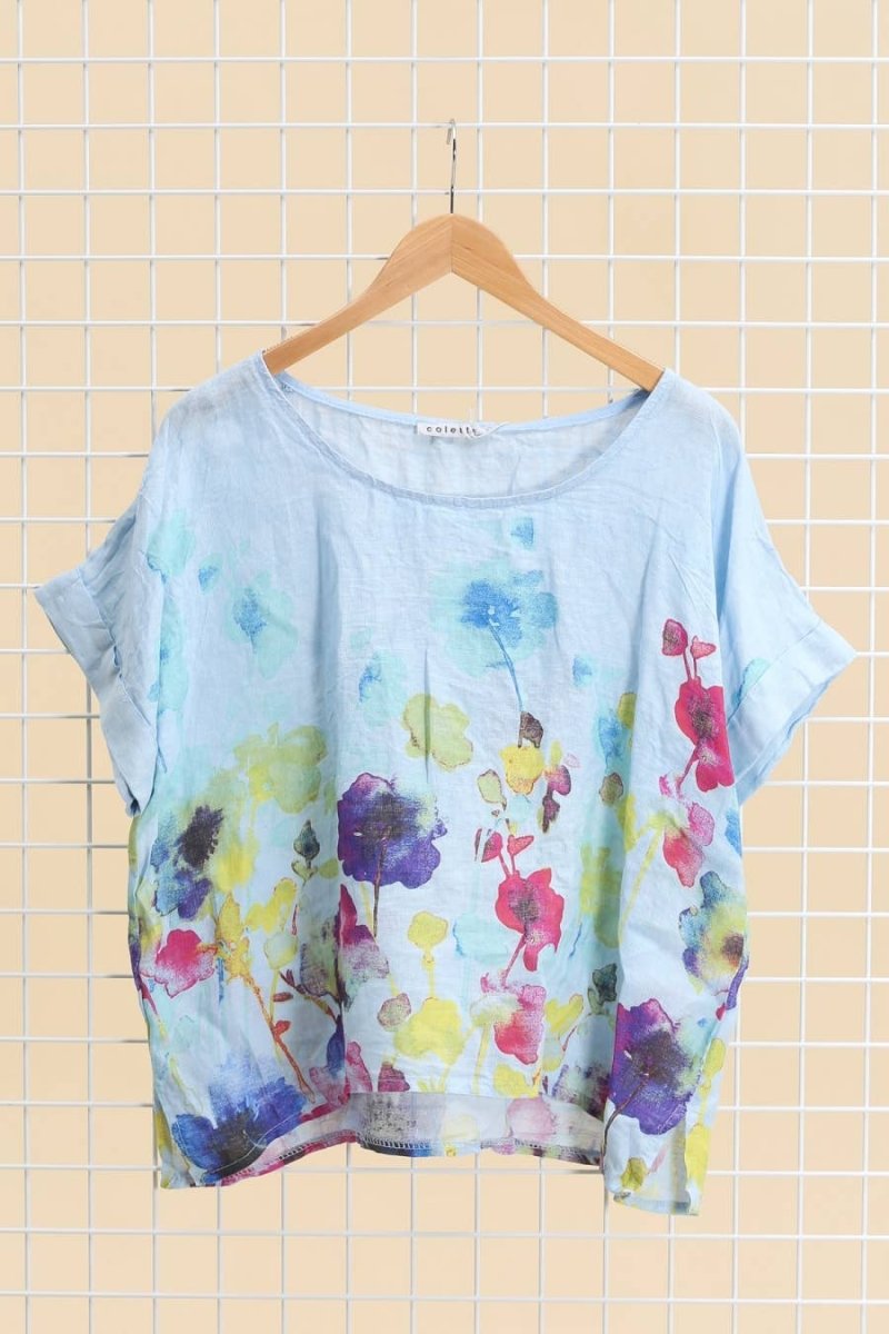 Sky blue tee with Flowersla maison des fibres naturellesTOPS