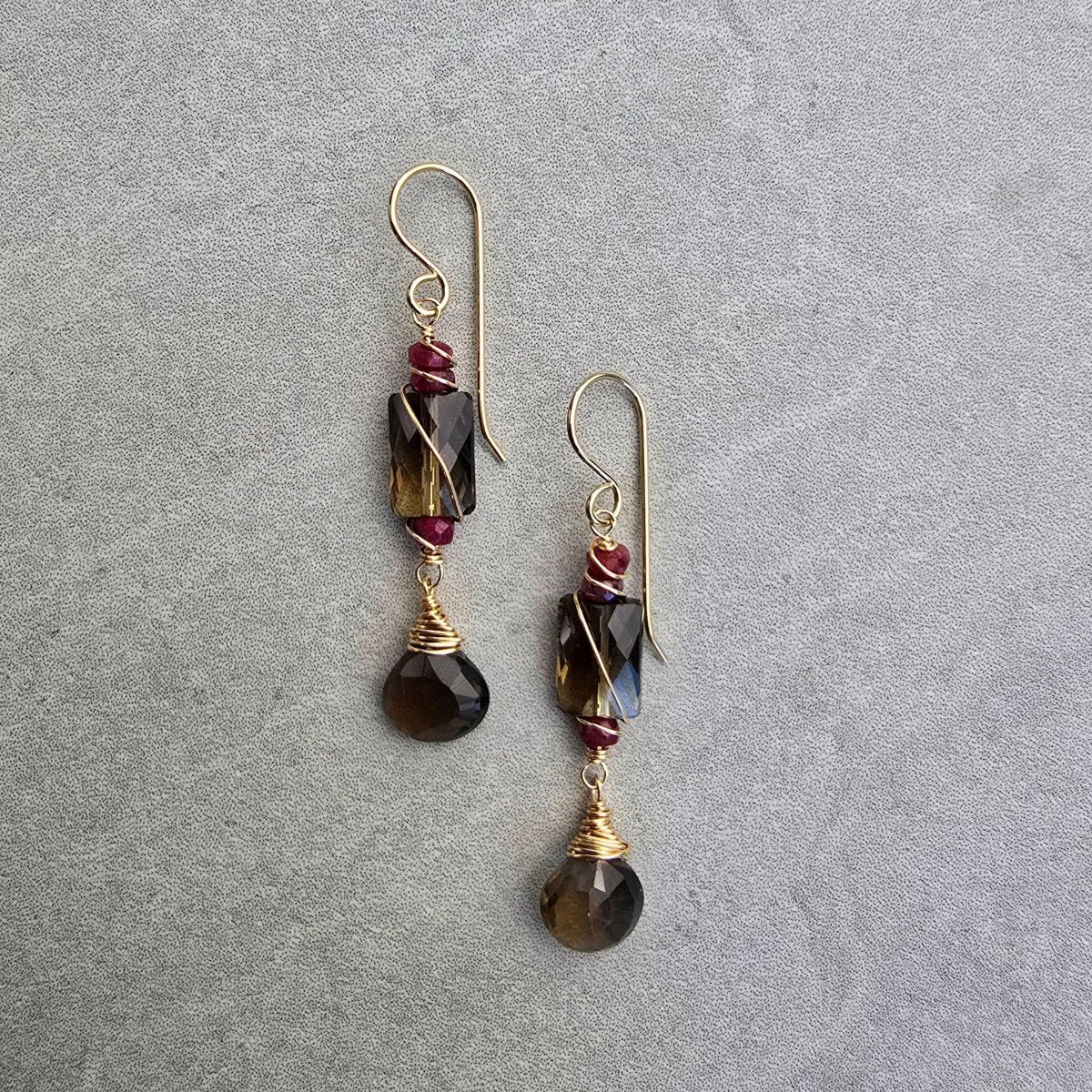 Smoky Quartz & Ruby Drops #1511James & JezebelleEARRINGS