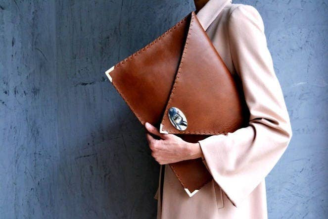 Symmetria leather clutch in tabac brown: Gold / SmallANA KOUTSI