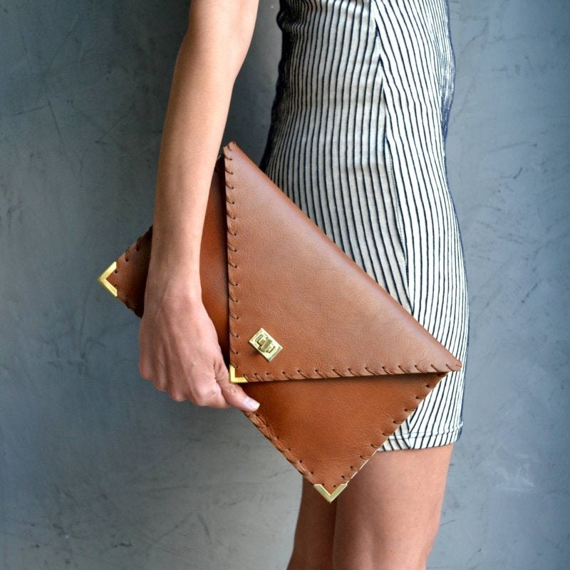 Symmetria leather clutch in tabac brown: Gold / SmallANA KOUTSI