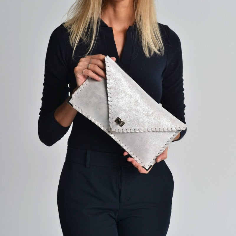 Symmetria leather sparkling clutch in silverANA KOUTSI