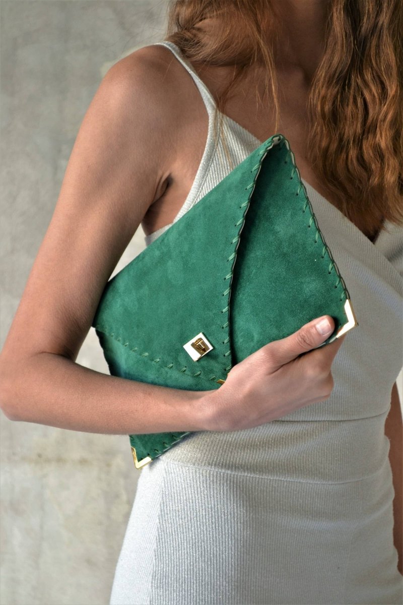 Symmetria soft clutch in emerald: GoldANA KOUTSI