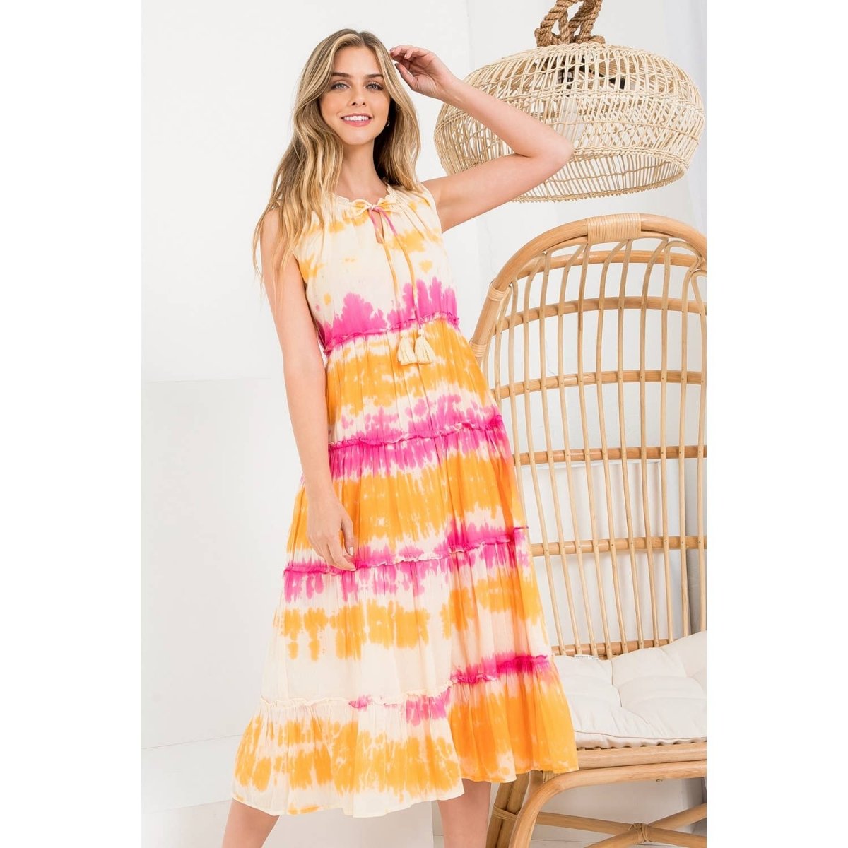 Tie Dye Tiered Pink Midi DressTHMLDRESS