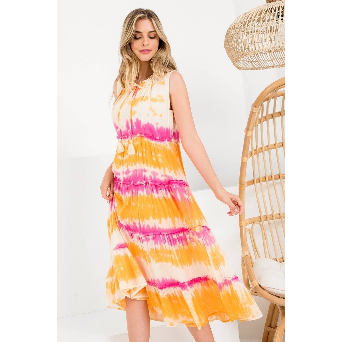 Tie Dye Tiered Pink Midi DressTHMLDRESS