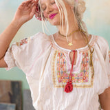 Top 2134 - Embroidered Chrissy Folk Blouse - MoonlightMagnolia PearlTOPS