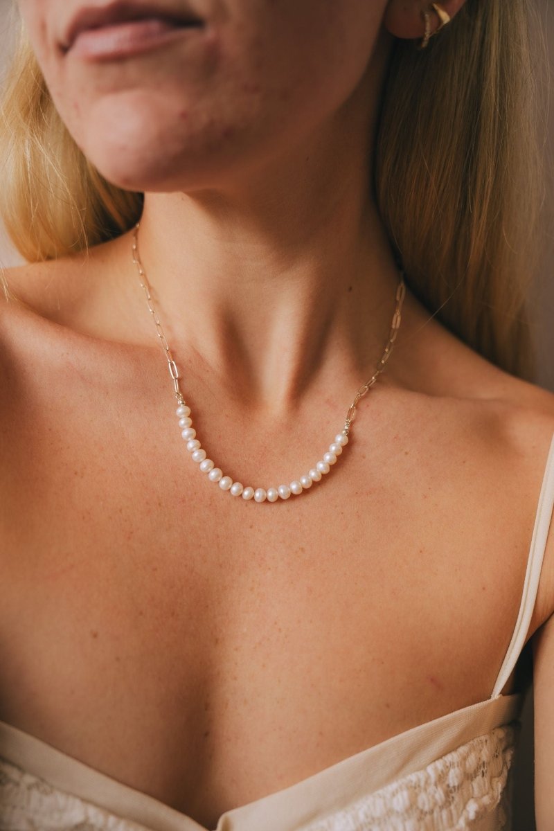 White Freshwater Pearl Bar on Silver Paperclip Chain Short NecklaceBeth ZinkNECKLACES