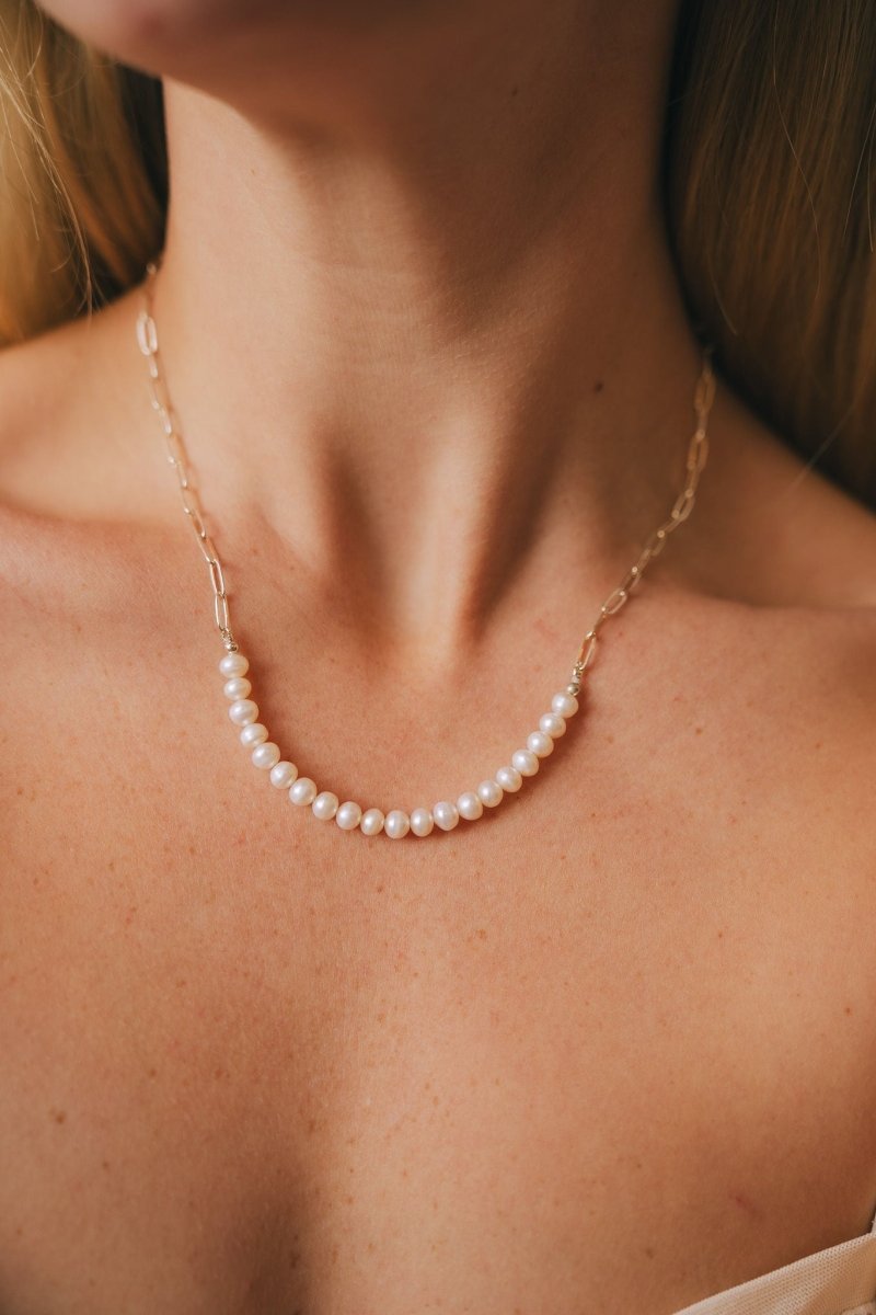 White Freshwater Pearl Bar on Silver Paperclip Chain Short NecklaceBeth ZinkNECKLACES