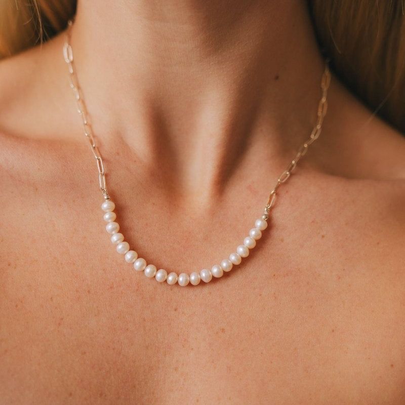 White Freshwater Pearl Bar on Silver Paperclip Chain Short NecklaceBeth ZinkNECKLACES