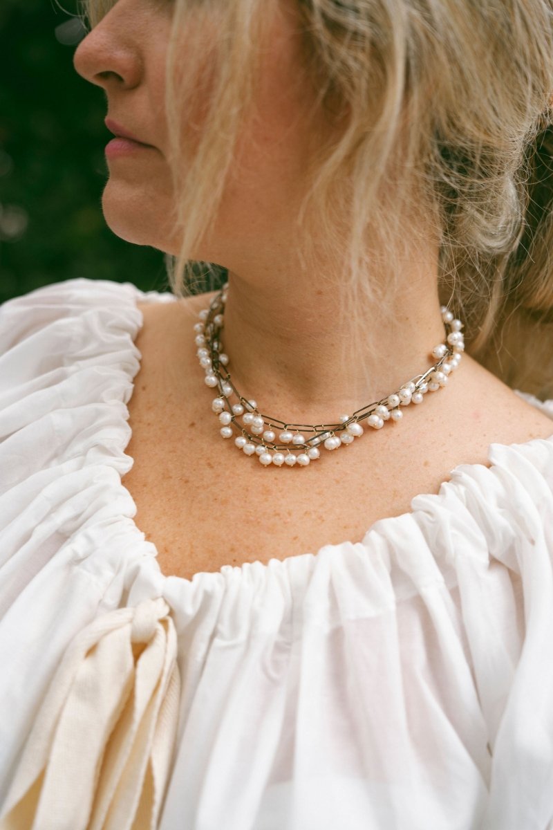 White Freshwater Pearls on Oxidized Sterling Paperclip Chain Long NecklaceBeth ZinkNECKLACES