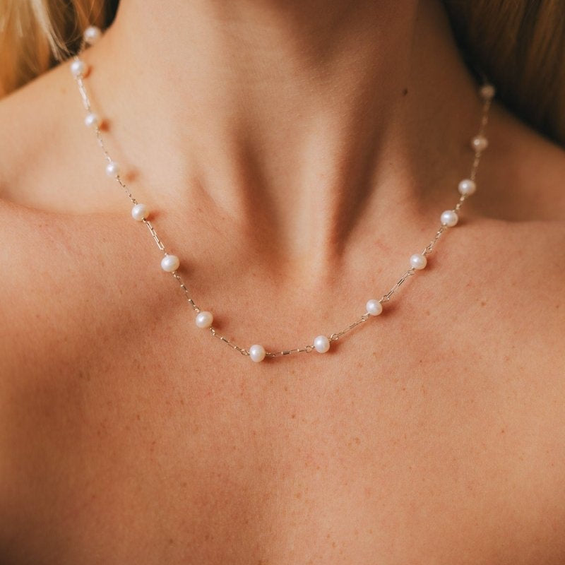 White Freshwater Pearls on Small Sterling Silver Paperclip Chain Short NecklaceBeth ZinkNECKLACES