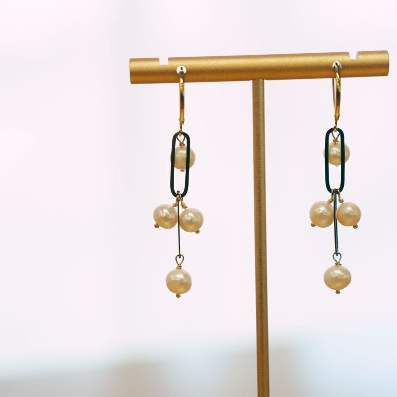 White Freshwater Pearls on two Oxidized Sterling Paperclip links on 14kgf Leverback EarringsBeth ZinkEARRINGS