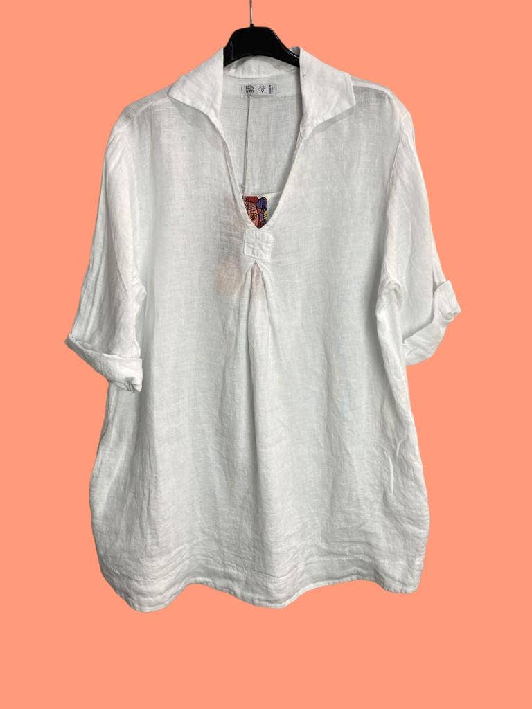 White Linen Shirt with Side Pocketsla maison des fibres naturellesblouse