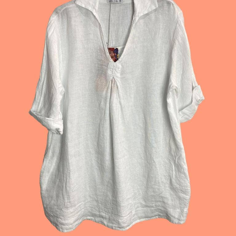 White Linen Shirt with Side Pocketsla maison des fibres naturellesblouse